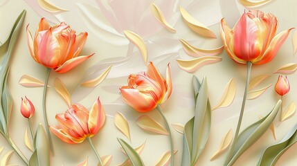Three-dimensional oil painting style Four pink orange tulips, and three very small flower buds, the branches are yellow-green, with pink petals floating around, oil painting beige background, 