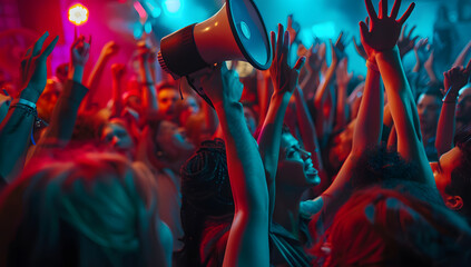 Megaphone in human hand on people background