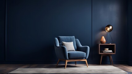  Modern interior of living room with leather armchair on wood flooring and dark blue wall 