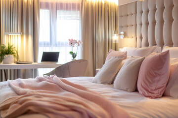 Modern bedroom interior design with pink pillows and armchairs with laptop on desk