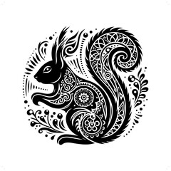 Squirrel silhouette in bohemian, boho, nature illustration