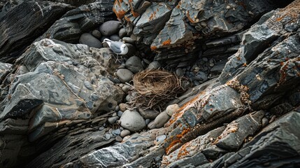 A seabird with a sharp beak, part of the Charadriiformes order, is perched on a rock nest made of natural materials on the bedrock soil landscape AIG50