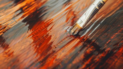 Fototapeta premium Varnishing a wooden table, close-up, detailed brush strokes, glossy finish emerging