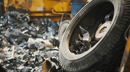 Shredding old tires at a recycling plant, close-up, detailed rubber fragments and machinery 
