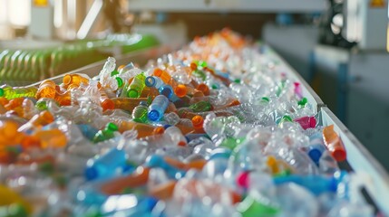 Close-up of crushed plastic bottles being sorted by color, detailed conveyor movement -