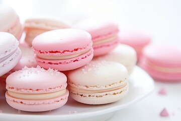 Obraz premium a lots of macarons pastel colour, white room snow fall outside, clean lighting, bright lighting, soft and smooth tone, photos taken by canon, soft lighting, smooth lighting, details professional lig