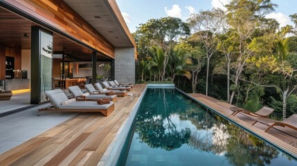 Serenity at modern poolside with wooden deck and walls
