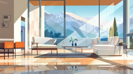 Modern home living room interior with eating table and couch, panoramic window. Illustration