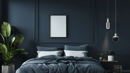Frame mockup in cozy dark blue bedroom interior, 3d render. Illustration