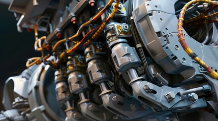 Maintenance on an industrial robot, close-up, detailed gearbox and wiring exposed 