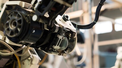 Obraz premium Maintenance on an industrial robot, close-up, detailed gearbox and wiring exposed
