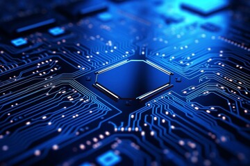 Abstract technology background, neon blue circuits glowing, closeup shot, high detail