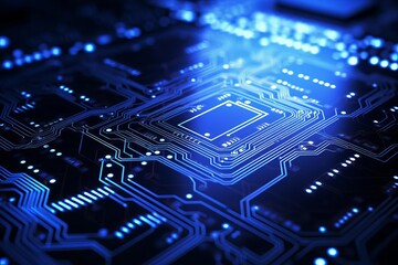Abstract technology background, neon blue circuits glowing, closeup shot, high detail