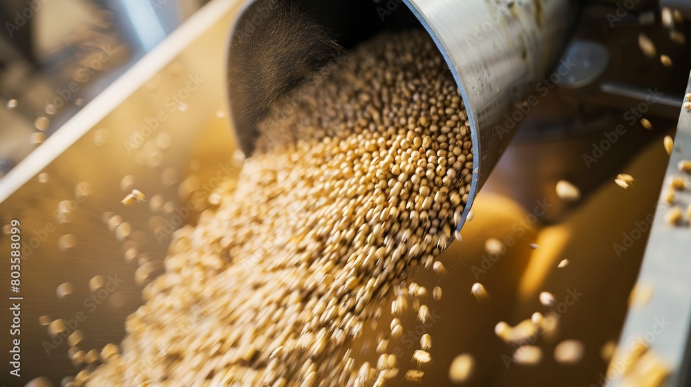 Wall mural Pouring malt into a grinder at a brewery, close-up, detailed grains and machinery