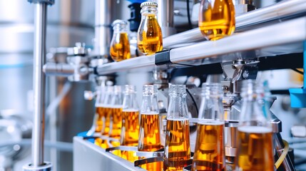 Bottling beer on a small scale production line, close-up, detailed capping and labeling