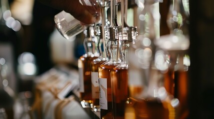 Labeling handcrafted spirits, close-up, detailed labels and precision placement 