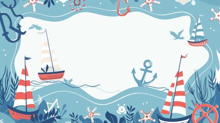 A blue background with a boat and a sailboat, copy space, Border,nautical theme