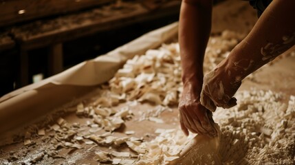 Making paper by hand in a historic mill, close-up, detailed pulp spreading and drying 