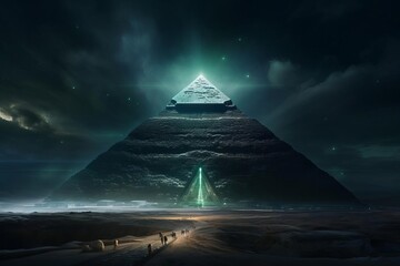 alien spaceship shooting light down to pyramid,worm eye view,night - obrazy, fototapety, plakaty
