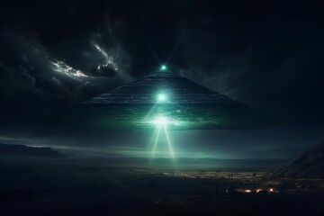 alien spaceship shooting light down to pyramid,worm eye view,night - obrazy, fototapety, plakaty