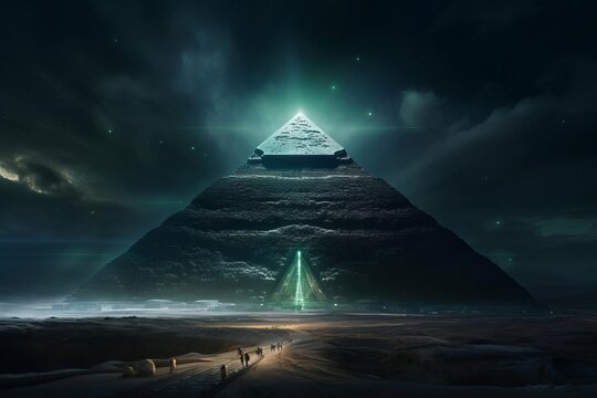 alien spaceship shooting light down to pyramid,worm eye view,night
