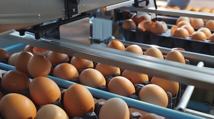 Automated egg sorting and packaging, close-up, detailed handling and tray loading 