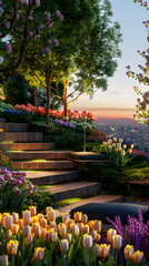 Artistic Integration of Terraced Plantations in a Sloping Garden with a Stunning City View