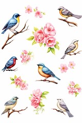 birds and blossoms watercolor, springtime birds and blossoms watercolor