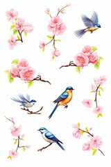 birds and blossoms watercolor, springtime birds and blossoms watercolor