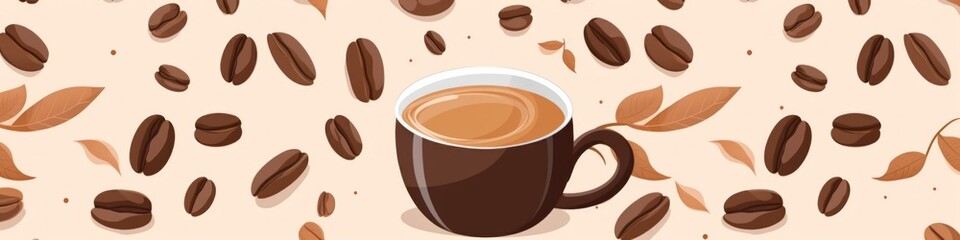 Obraz premium A coffee cup is surrounded by coffee beans, banner, flat style illustration