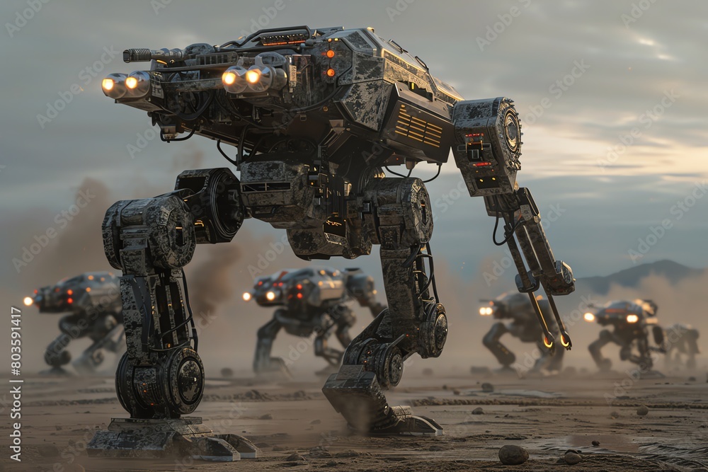 Fototapete bring the intimidating presence of wide-angle view military robots to life through a dynamic cg 3d r