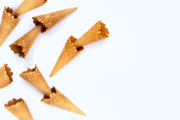 Empty ice cream cone on white background.