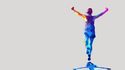 Blue purple geometric form illustration of runner celebrating victory