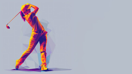 Orange purple geometric form illustration of golf player after hitting the ball