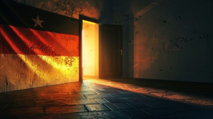 German flag with light of opportunity behind ajar door to immigrate in Germany. Illustration