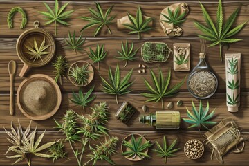 Fototapeta premium Display of hemp plants, products, and cultivation on a natural wooden backdrop, highlighting sustainability.