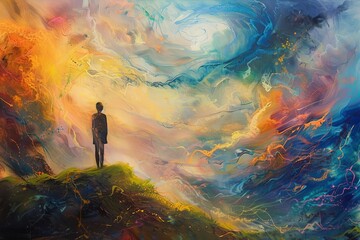 Obraz premium Capture a fantastical world in a dreamy impressionistic style with a rear view perspective, revealing hidden wonders with soft, swirling brushstrokes and unexpected angles