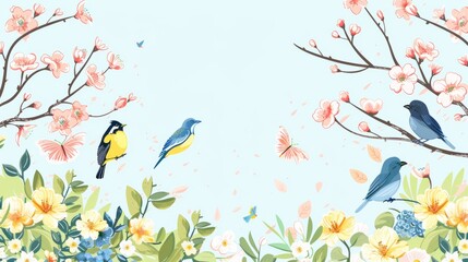 Hand drawn flat spring background with blooming flowers and birds with blank space. Illustration