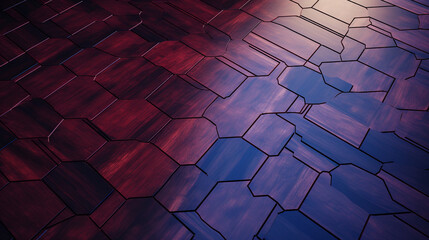 imagine An aerial perspective of a wooden floor adorned with abstract patterns of rich burgundy and...