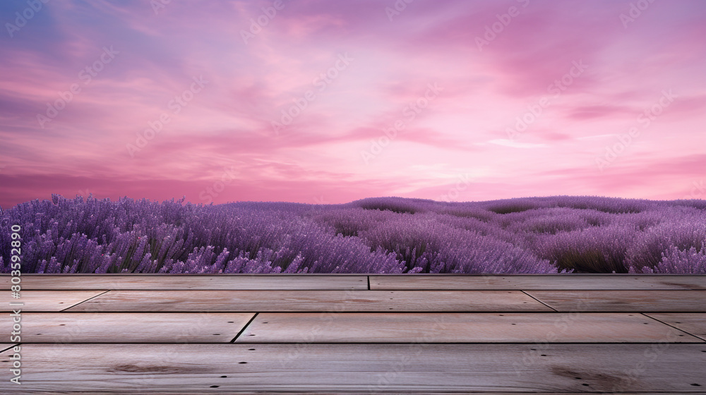 Wall mural imagine A tranquil scene of empty wooden planks in soothing lavender and lilac tones, creating a dreamlike atmosphere reminiscent of a peaceful meadow.