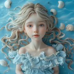 Sea of Dreams Cute Dolly Girl in Blue Dress with Shell Background