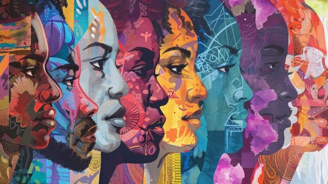 A colorful painting of many faces, each with a different skin tone, juneteenth mood, wallpaper. The painting is a representation of diversity and inclusivity.