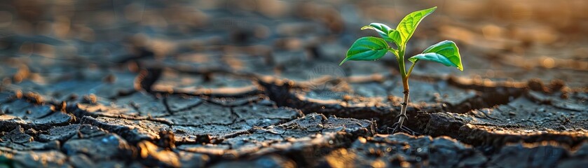 Cracked earth with a single plant struggling to survive, Depict the resilience of life in harsh conditions