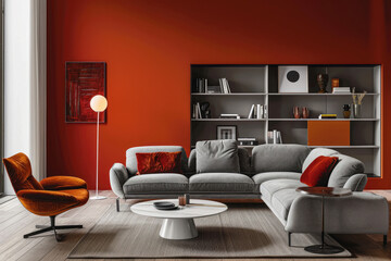 Modern claret red wall detail with white background, grey sofa and pillow, white bookshelf middle table and orange lamp style, frame and chair decor.