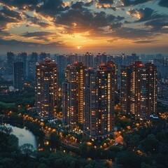 Obraz premium The tall, majestic office building for business seen at night with the lights on is observed from above, captured by a drone camera
