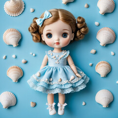 Cute Summer Doll in Blue Dress with Shell Background