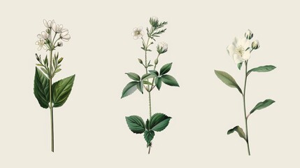 Elegant botanical illustrations of flowers, leaves, or herbs for botanical-themed designs or packaging.