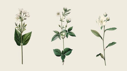 Naklejka premium Elegant botanical illustrations of flowers, leaves, or herbs for botanical-themed designs or packaging.