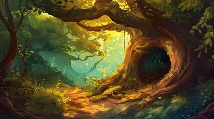 Mystery Tree Hole. Video Game's Digital CG Artwork, Concept Illustration, Realistic Cartoon Style Background. cartoons. Illustrations