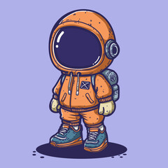 Cute cartoon space boy wearing orange suits and orange helmet vector illustration